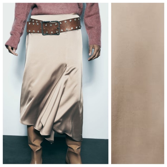 NWT. Zara Beige-Pink Satin A-Line Silhouette High Waist Midi Skirt Size M. - Picture 3 of 12